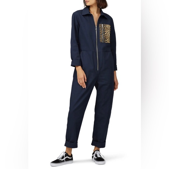 Sandy Liang Mr. Chan Jumpsuit Navy/Cheetah Sz S/M - Picture 1 of 3